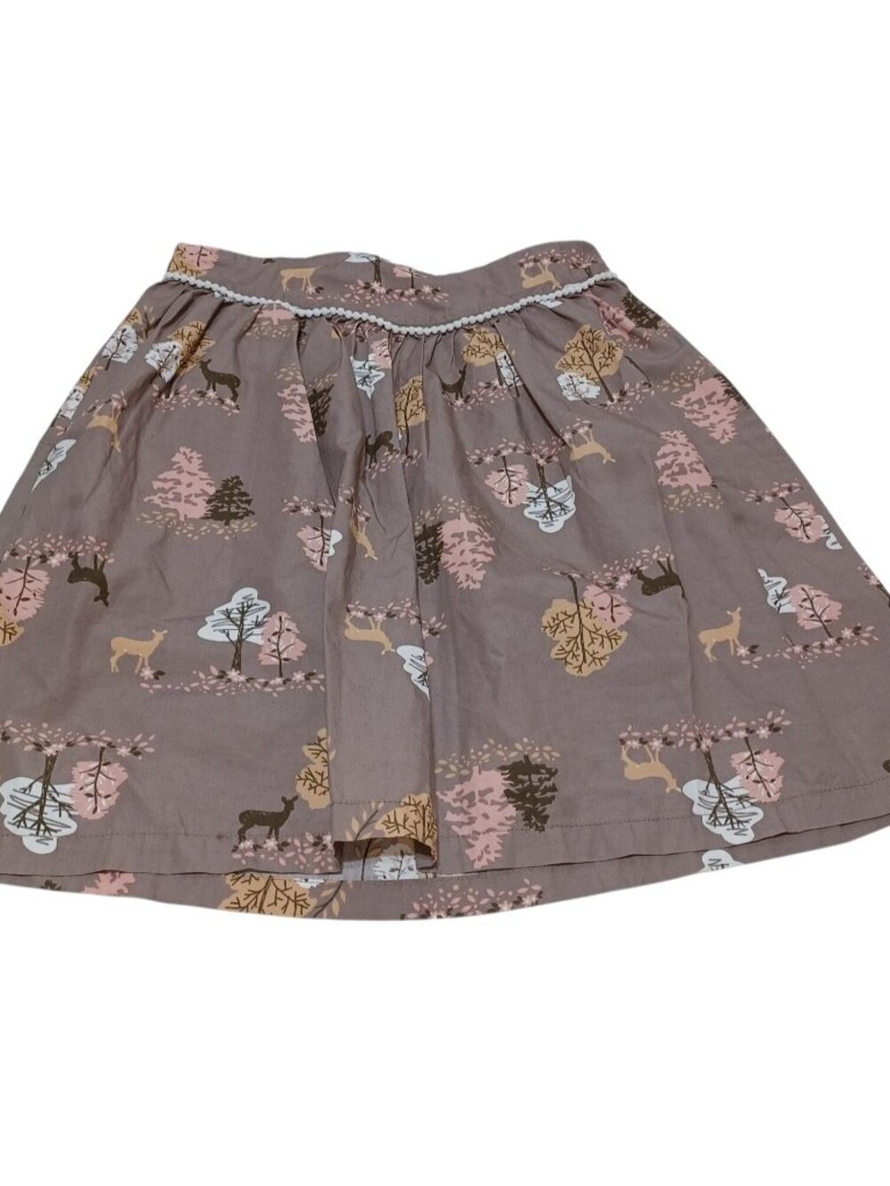 Hanna Andersson Girls A-Line Skirt YXL Woodland Deer Tree Print Pom‎ Pom Trim